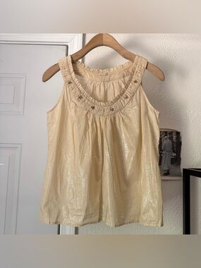 MATTA cream cotton beaded waxed shiny ruffle collar cropped tank top blouse